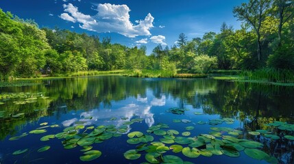 A tranquil pond nestled amidst lush greenery, with vibrant blue skies overhead.