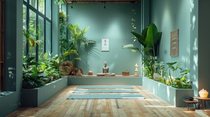 A tranquil yoga studio with light blue walls and verdant green plants, offering a peaceful space for practice. - obrazy, fototapety, plakaty