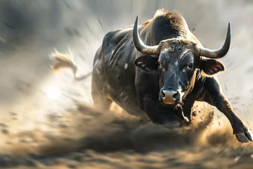 Foto op Plexiglas Bull running through a dusty field, exuding strength and vitality against the rustic backdrop © inspiretta