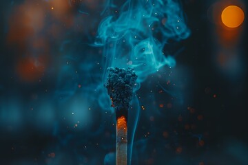 A lit matchstick is surrounded by smoke and fire - obrazy, fototapety, plakaty