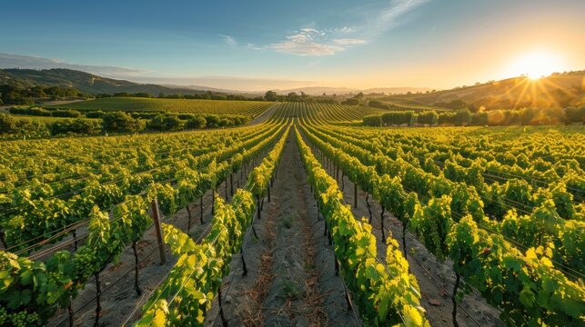 A sprawling vineyard bathed in golden sunlight, with rows of green grapevines against a backdrop of clear blue skies.