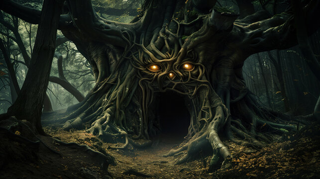 A scary tree with glowing eyes and open mouth is surrounded by a dark forest. The tree appears to be a monster or a creature from a horror movie
