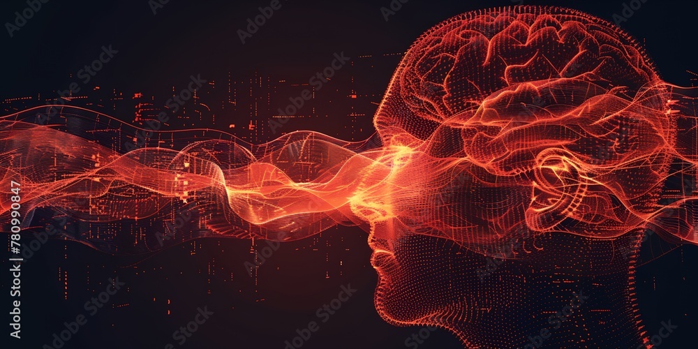 Poster a brain is shown in red with a black background. the brain is surrounded by a wave of red, which giv