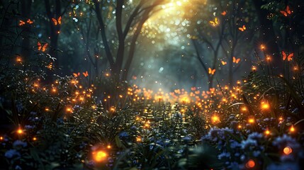 A magical pathway in the forest, alive with the dance of fireflies and fluttering butterflies, bathed in a mystical light that whispers of ancient secrets and untold stories. - obrazy, fototapety, plakaty