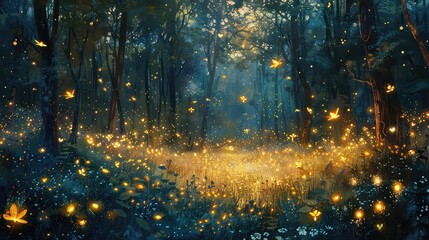 Bathed in a mystical light that whispers of ancient secrets and untold stories, a magical pathway in the forest comes alive with the dance of fireflies and fluttering butterflies. - obrazy, fototapety, plakaty