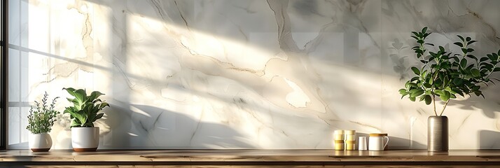 A white marble wall with a plant on it. The plant is on a shelf next to a vase - obrazy, fototapety, plakaty