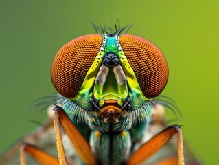 Capturing the essence of a robber fly, an extreme close-up macro portrait reveals its intricate compound eyes and textured facial details against a soothing green background. - obrazy, fototapety, plakaty