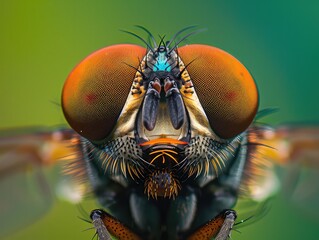 Against a soothing green background, an extreme close-up macro portrait unveils the intricate compound eyes and textured facial details of a robber fly, showcasing its essence. - obrazy, fototapety, plakaty