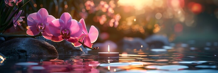 A lit candle is floating on the surface of a pond with pink flowers in the background. The scene is serene and peaceful, with the candle's light reflecting off the water