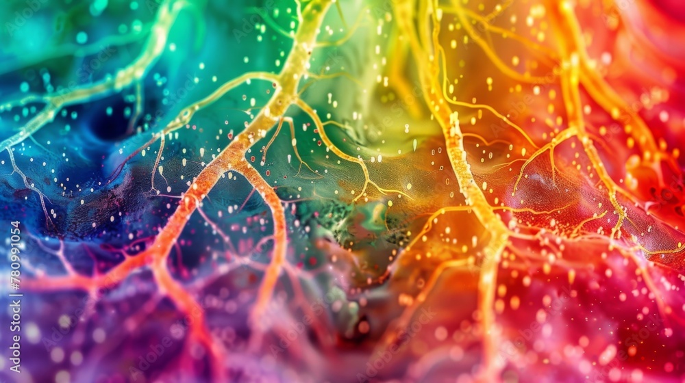 Poster a colorful image showing the microscopic view of a healthy root system with branching roots extendin