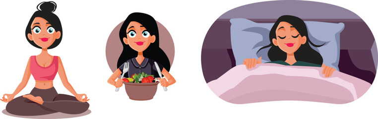 Woman Eating Healthy, Sleeping and Exercising Vector Illustration. Cheerful girl being well fed and rested following health routine
