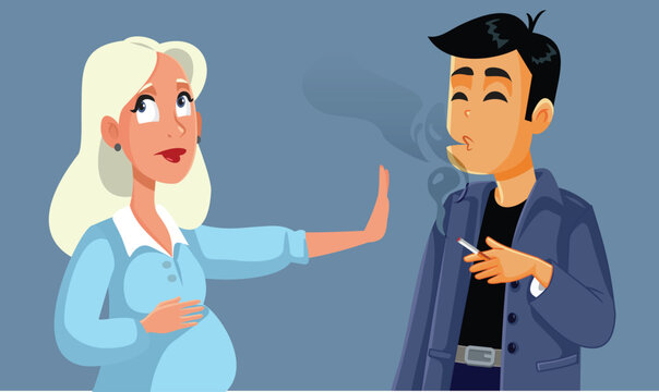 Pregnant Woman Saying Stop Smoking to her Husband Vector Illustration. Mother to be asking her partner to cease bad habits affecting her pregnancy
