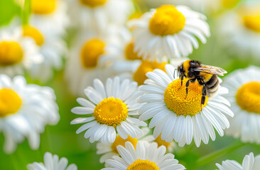 Bee on white daisies flowers, close up macro photography. Yellow, green summer background with copy space for text. Nature bokeh banner for mobile web and social network 