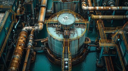 Capture the intricate details of water treatment facilities with extreme closeup shots of pipes valves