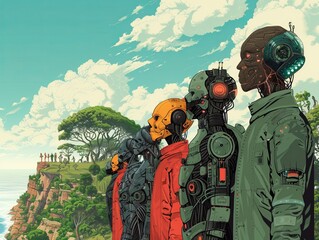 Create an engaging illustration depicting a diverse group of humans adapting to extreme environmental conditions through genetic modifications or wearable tech Showcase a harmonious blend 