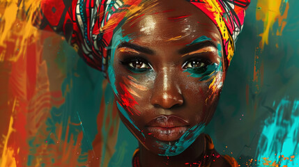 A mesmerizing image of a black woman with a fierce gaze her face painted in bold abstract strokes that highlight her striking features. She is dd in a stunning fusion of traditional .