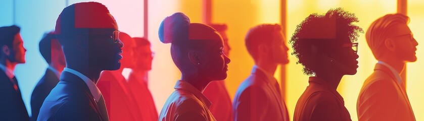 Design a sleek and modern graphic depicting a diverse group facing away