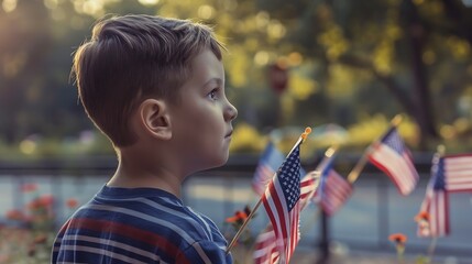 Generative AI : Boy watching a parade holding American Flags