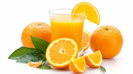 Glass of orange juice with slices and leaves