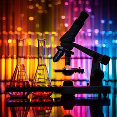 Design an eyecatching image showcasing a variety of scientific objects like microscopes beakers
