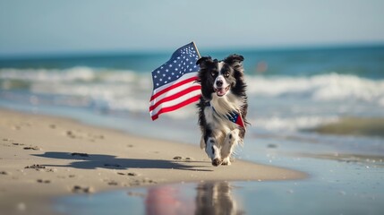 Generative AI : Patriotic border collie dog running along the beach carrying the American flag.