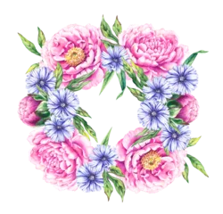  Pink floral wreath with blue flowers of the medicinal plant chicory © SashaKondr