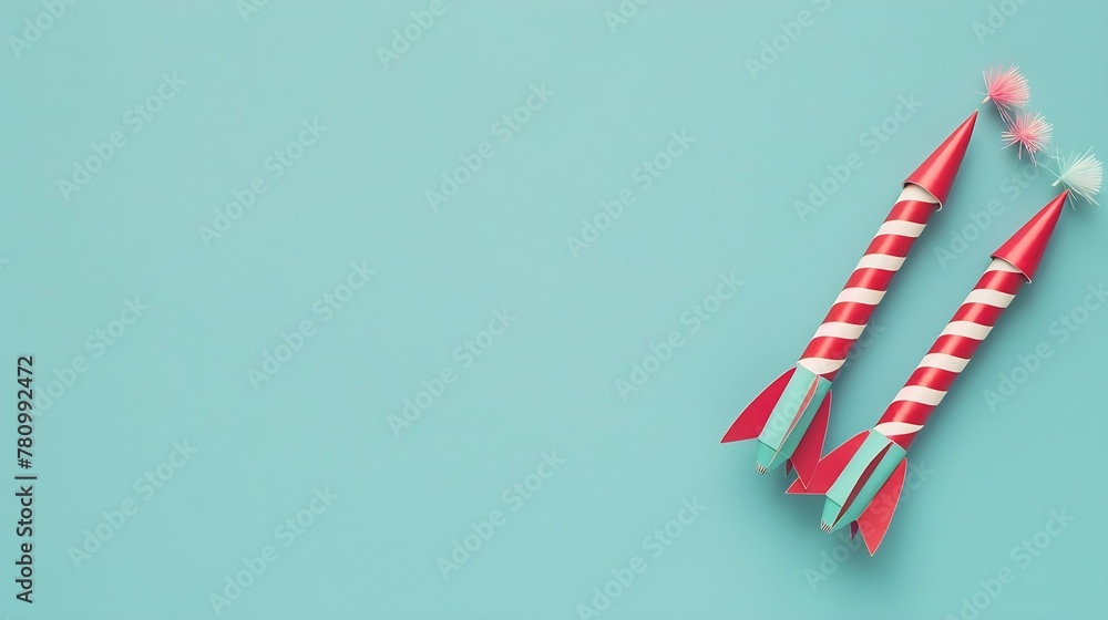 Poster generative ai : firework rockets on light blue background, flat lay. space for text