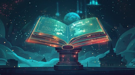 Engage viewers with a wormseye view of multiverse diaries Illustrate a diary on a pedestal pages glowing with different realities Make it captivating