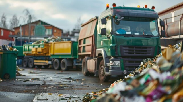 A truck loaded with bins of food waste parked outside a recycling plant where it will be converted into biofuel reducing the carbon footprint of waste transportation. .