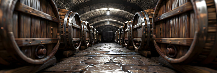 Storage cellar with barrels making wine or whisky bottles cozy winter scene with a wooden cabin.