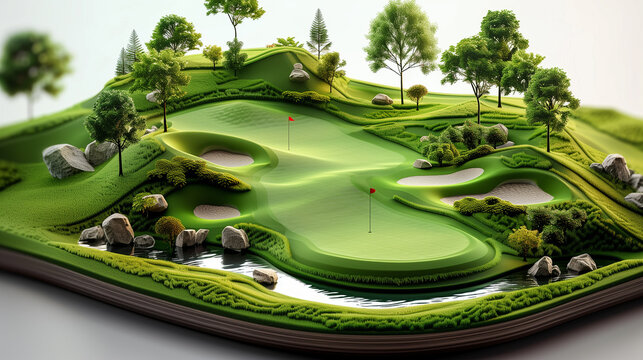  3d illustration of a golf course, greens, fairways, bunkers, sand traps, summer leisure