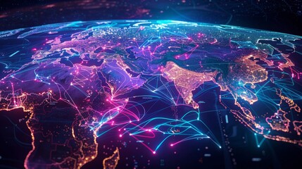 World map highlighting South East Asia, vibrant data streams crisscrossing, symbolizing cyber tech and global business - obrazy, fototapety, plakaty