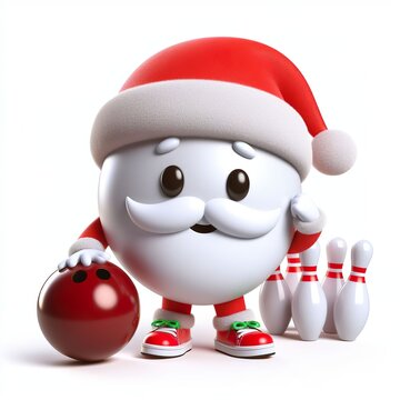 Cute character 3D image of a Santa playing bowling, funny, happy, smile, gift, white background
