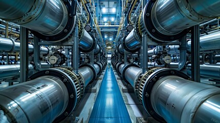 Show the beauty in symmetry and functionality by focusing on the intricate inner workings of water treatment facilities Highlight the balance between form and function in ensuring clean 