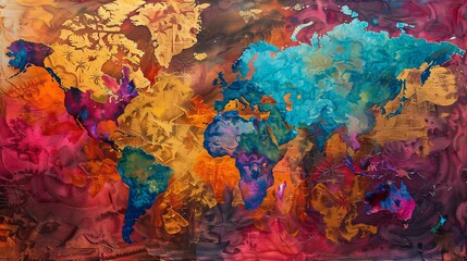 Vibrant abstract world map, a tapestry of colors representing diverse cultures and the unity of the new world