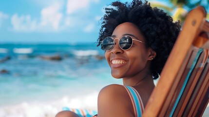 Generative AI : Portrait of happy young black woman relaxing on wooden deck chair at tropical beach - Powered by Adobe