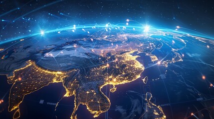 Telecommunication network from a global perspective, China highlighted, showcasing the pulse of cyber technology