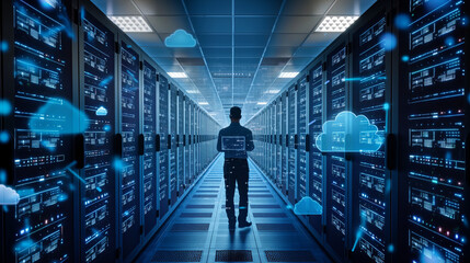 Curios IT Engineer Standing in the Middle of a Working Data Center Server Room. Cloud and Internet Icon Visualisation in the Foreground.  - obrazy, fototapety, plakaty