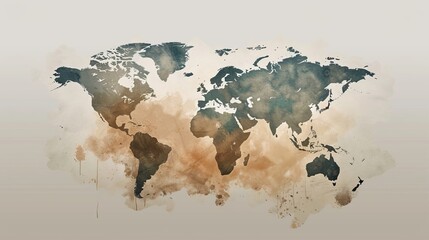 Minimalist world map, clean lines and soft hues capturing the calm and hopeful essence of a new earth