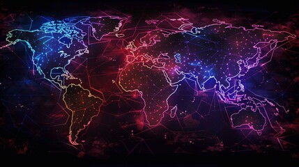 Futuristic world map, neon outlines on a black canvas, showcasing an interconnected digital world concept