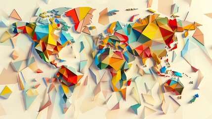 Dynamic abstract world map, geometric shapes forming continents, symbolizing global unity and diversity