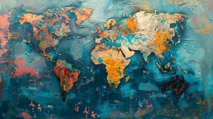Artistic rendition of a world map in abstract blue and green, evoking thoughts of a peaceful global village - obrazy, fototapety, plakaty
