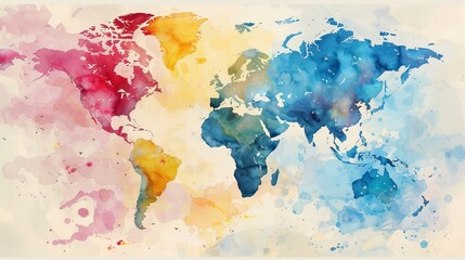 Abstract world map painted with broad strokes of watercolors, blending nations in a peaceful harmony