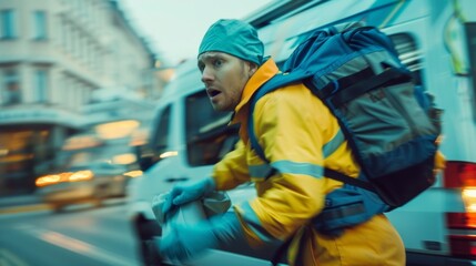 Obraz premium An action shot of a paramedic rushing out of an ambulance their hand reaching for a bag of medical supplies. The blurred background signifies the fastpaced nature of their job while .