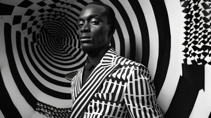 A dapper black man poses in front of a kaleidoscopic backdrop wearing a tailored suit with asymmetrical stripes and geometric shapes. The black and white palette allows the intricate .