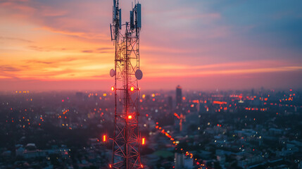 Fototapeta premium Antenna communication technology with city background. Communication tower connect to data of smart city. Telecommunication 5G. Digital Transformation IoT (Internet of Things).