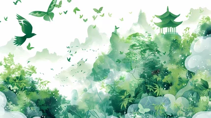 Zelfklevend Fotobehang Grunge vlinders a landscape with pagoda and green mountain illustration poster background