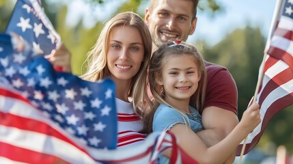 Generative AI : Happy family, parents and daughters children girls with American flag outdoors.