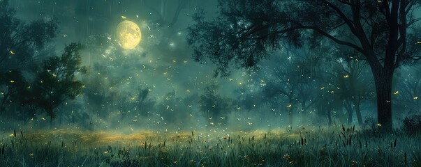A mystical night in the forest, illuminated by the ethereal glow of fireflies under a full moon, creating a scene of natural magic and wonder. - obrazy, fototapety, plakaty