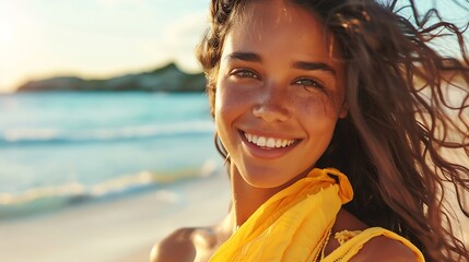 Generative AI : Cheerful young woman in yellow sarong at beach. Happy smiling girl enjoying the beach - obrazy, fototapety, plakaty